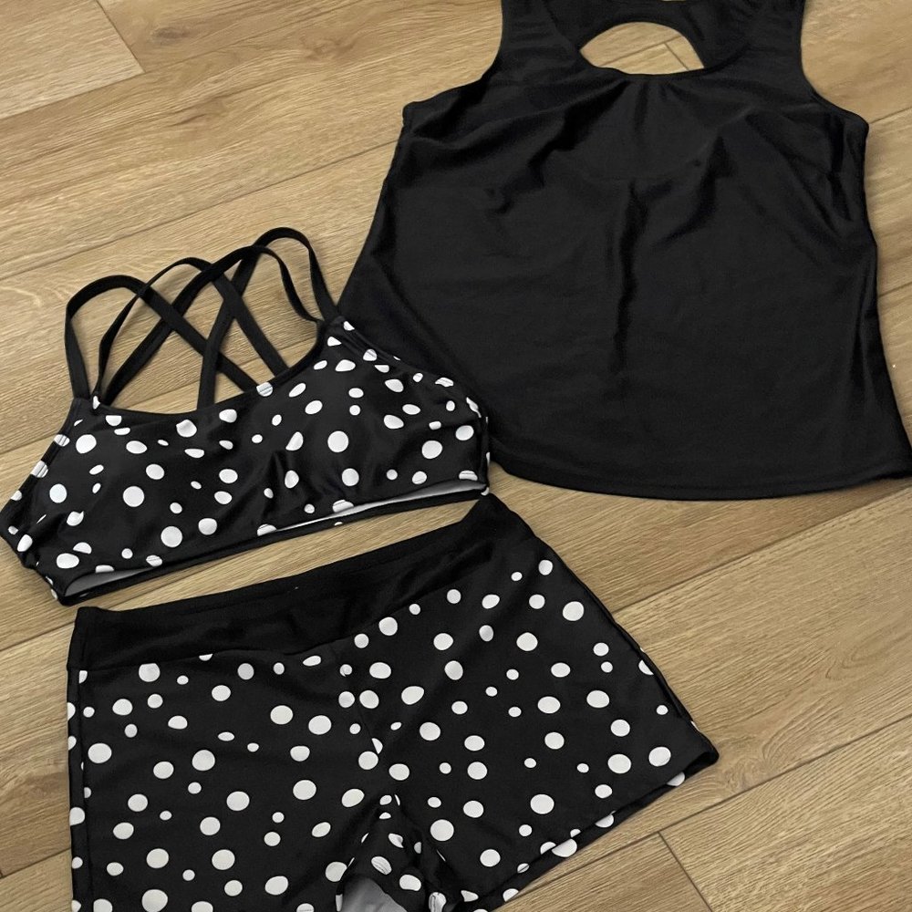 3-piece swimsuit Women’s, modest high neck tankini, tank top with shorts.